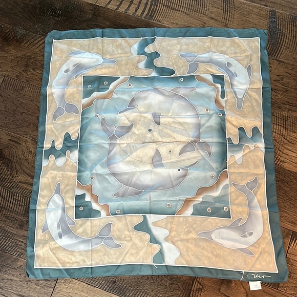 100% SILK SCARF hand painted dolphins - Picture 1 of 7